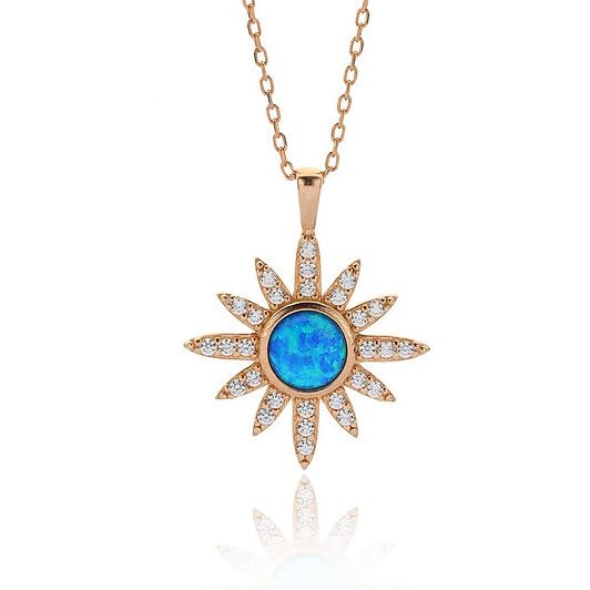 Madam Matmazel Hediye Paketli Zirkon Ve Mavi Opal Taşlı Kuzey Yıldızı Gümüş Kadın Kolye, 925 Ayar, Rose