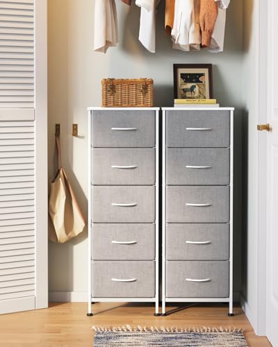 Miniatura 9 de Coleshome Comoda Dormitorio, Comoda Estrecha Y Alta Con 5 Cajones De Tela, Estructura De Acero Resistente Y Tablero De Madera, Ideal Para Dormitorio Y Salón, 40 X 30 X 120 Cm, Gris Claro