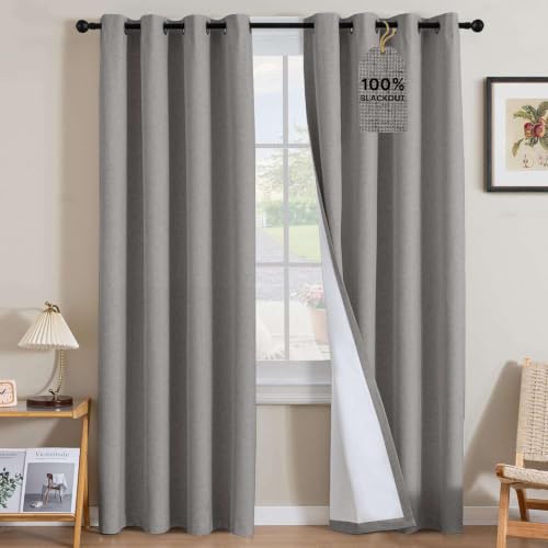 Image of H.VERSAILTEX Linen Curtains 100% Blackout Curtains for Bedroom 120 inch Long Full Light Blocking Nature Linen Blended Window Curtains for Living Room Nickel Grommet (2 Panels, Heathered Dove)