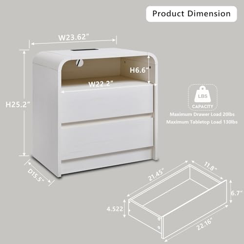Image of Aitjunz 25 inch Tall Modern Nightstand with Charging Station, 23.6'' Wide Wood Bedside Table w /2 Storage Drawers, Large Mid Century End Table for Bedroom, Living Room, Curved Profile Design, White