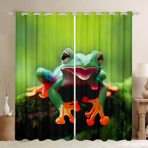 Frog Window Curtains for Bedroom Living Room Tropical Amphibian Curtains for Kids Boys Girls 3D Animal Theme Window Drapes Tropical Nature Theme Decor Window Treatments,38 X 45 Inches,2 Panels