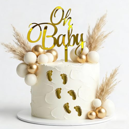 Oh Baby Cake Topper 7PCS Acrylic Gold Baby Shower Decorations with 6 Footprints for Gender Reveal Christening Party