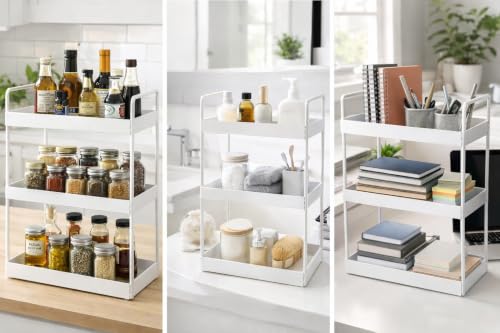 Image of SJC GLOBAL Premium 3 Tier Heavy Duty Metal Rack Kitchen Counter Top Organizer Rack Multipurpose Spice Organizer Masala Stand Bathroom Shelf Cosmetic Holder Kitchen Storage Rack Freestanding White