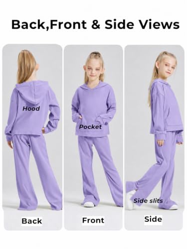 Image of Girls 2 Piece Hoodie Bell Bottom Sweatsuit Fall Outfit Set | Long Sleeve,front pocket,side-slit flare,machine washable,soft rayon-blend,skin-friendly,stretchy,durable