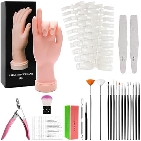 Coitak Practice Hand for Acrylic Nails, Flexible Fake Hands, Manicure Training Hand Nail Kit for Beginners, Nail Practice Hand with 200PCS Nail Tips, Nail Glue Stickers, Brush and Clipper Cover