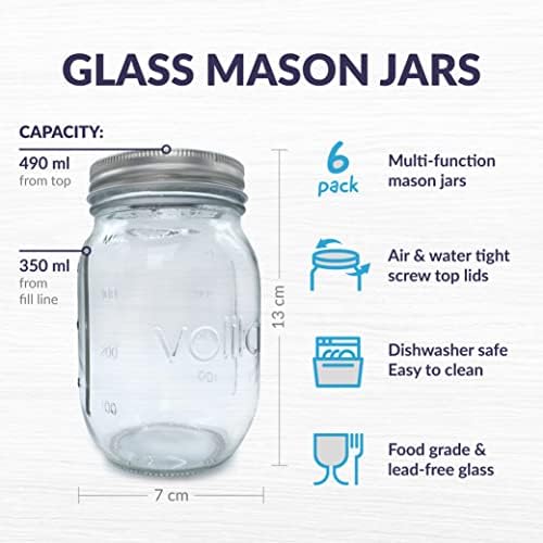 volila Mason Jars With Lids, Glass Preserving Jars for Jams, Overnight Oats and Beverages, Glass Mason Jars With Screw Top Airtight Sealing Lids (6 Pack - 490ml)