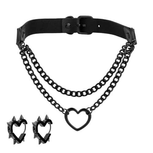 Goth Heart Chain Choker & Spiked Heart Earrings, Black Punk Rock Leather Necklace Y2K Earrings Jewelry Set for Men Women