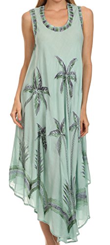 Sakkas 117 Watercolor Palm Tree Tank Caftan Short Dress - Seafoam - One Size
