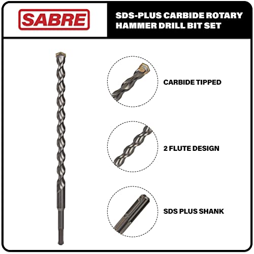Sabre Tools 4-Piece 12in SDS Plus Drill Bit Set, Carbide Tipped, Rotary Hammer Drill Bits for Brick, Stone, Concrete, 1/4in x 12in, 5/16in x 12in, 3/8in x 12in, 1/2in x 12in