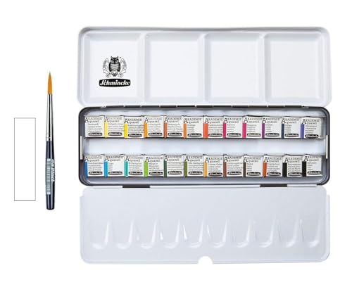 Schmincke Aquarellfarbe, Akademie Aquarell Malkasten, Metallkasten, 24 x 1/2 und Da Vinci XS Synthetic Brush Voyage Näpfchen Made in Germany