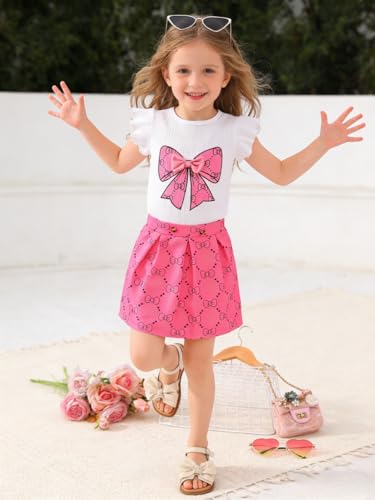 Image of Azmxynol Toddler Girls Clothes Cap Sleeve T-Shirt + Bowknot Print 2pcs Summer Shorts Outfit Set For Girls, Size 4-8 Years