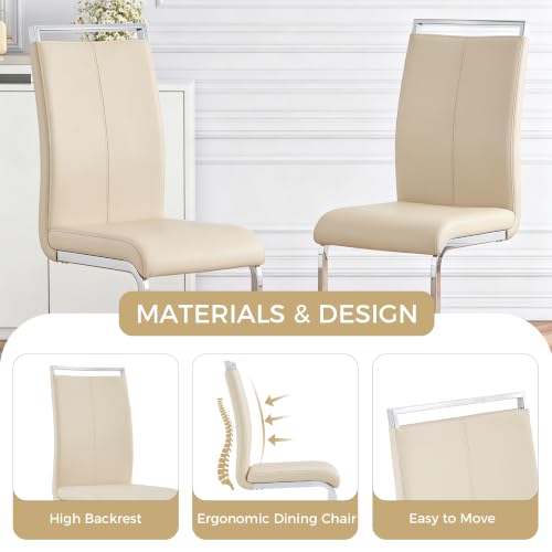 Image of Baysitone Modern Dining Chairs Set of 4, Side & Kitchen Chairs with Silver Frame, Faux Leather Padded Seat High Back, for Dining, Kitchen & Living Room - Beige