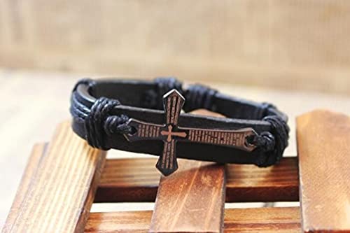 Nuie- Fashion Christian Leather Cross Stainless Steel Adjustable Wrap Bracelet For Men & Women (Leather) (N0122) #TOP7