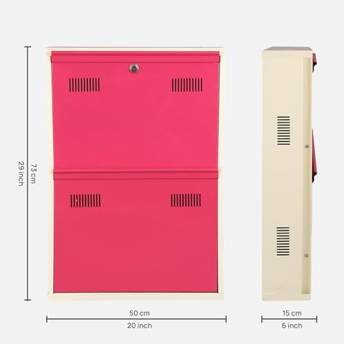Image of Metal Shoe Rack Wall Mounted for Home with Central Locking 2 Door 20 inch Wall Mounted Metal 4 Pair Rack Cabinet Pre-Assembled Shoe Rack Shelves 3 Years Warranty (Pink & Ivory)