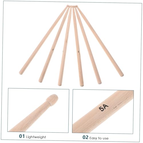 3 pares de baquetas de madera con punta de madera para práctica y actuación en batería, agarre ergonómico para todos los niveles, accesorios para bateristas de jazz y electrónicos miniatura 3