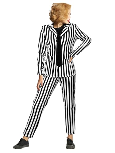 Womens Black White Vertical Striped Kit Include Open Front Striped Blazer Leggings Length Pant with Tie for Halloween Party (L)