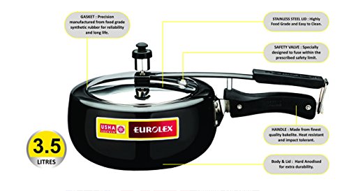 Image of USHA SHRIRAM EUROLEX Gold Induction Base Hard Anodised 3.5 Litre Pressure Handi with SS Inner Lid Induction Bottom Pressure Handi - Black