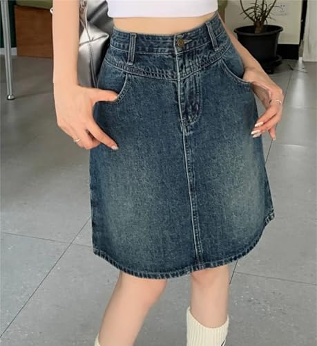 Women Summer Knee-Length Jean Skirt Vintage High Waist Casual A-Line Denim Skirt3