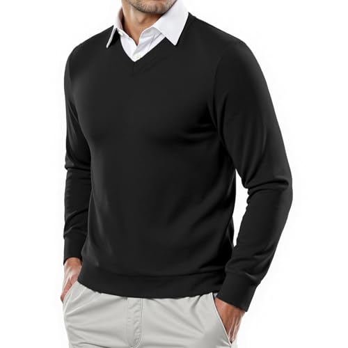 Misfuso Pull Homme à Col Chemise Pullover Homme Manches Longues Classiques en Maille Tricot l'automne Hiver Élégance Décontractée Noir L