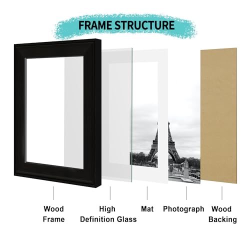 Image of iRahmen 6x8 Vintage Picture Frame with Mat 4x6 - High Definition Real Glass Wooden Photo Frames for Tabletop Display and Wall Mounting (Black, Set of 4)