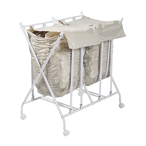 Honey-Can-Do Cesta de doble rebote – Plegable 2 bolsas clasificadora de lavandería con ruedas con tapa, blanco/natural HMP-09751 blanco, 100 libras