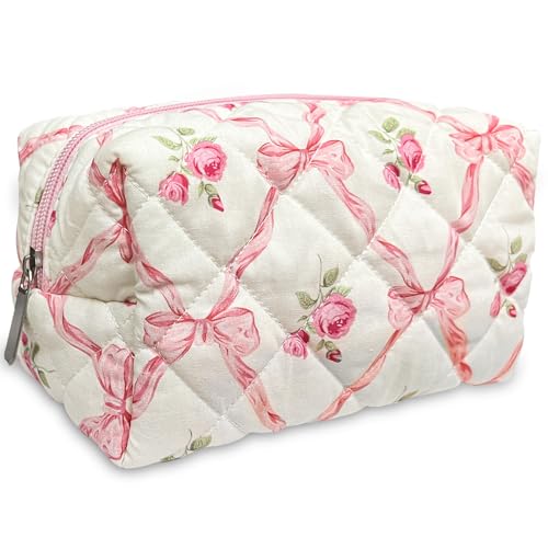 Trnerm Small Makeup Bag Quilted Cosmetic Bag Coquette Makeup Pouch Makeup Organizer Pink Ribbons Small Travel Makeup Bag Travel Toiletry Bag for Women Girls