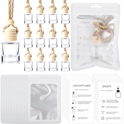Boao 100 Sets Hanging Car Air Freshener Diffuser Bottles with Instruction Card and 4 x 6 Resealable Holographic Bag for Empty Car Essential Oil Perfume Bottles Packaging (Cylinder)