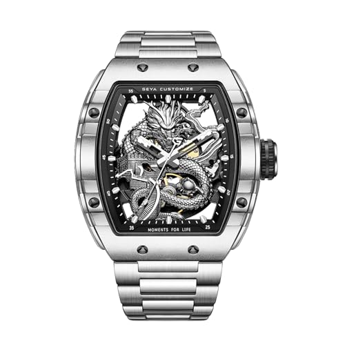Redhai Fashion Automatic Dragon Mechanical Watches, 50M Water Resistant Skeleton Dial Silver Case Stainless Steel Watchband Synthetic Sapphire Crystal Glass Chinese Loong Watches for Men