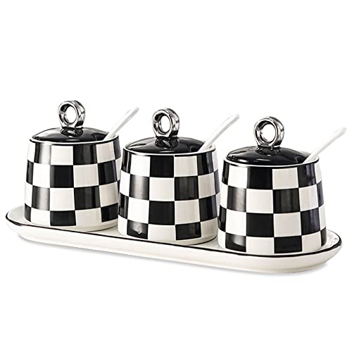 MYUYEE Tarro de Cristal con Rejilla de Tablero de ajedrez Recipiente para condimentos con Cuchara y Tapa Juego de tarros de cerámica Sencillos para Especias con,Blanco
