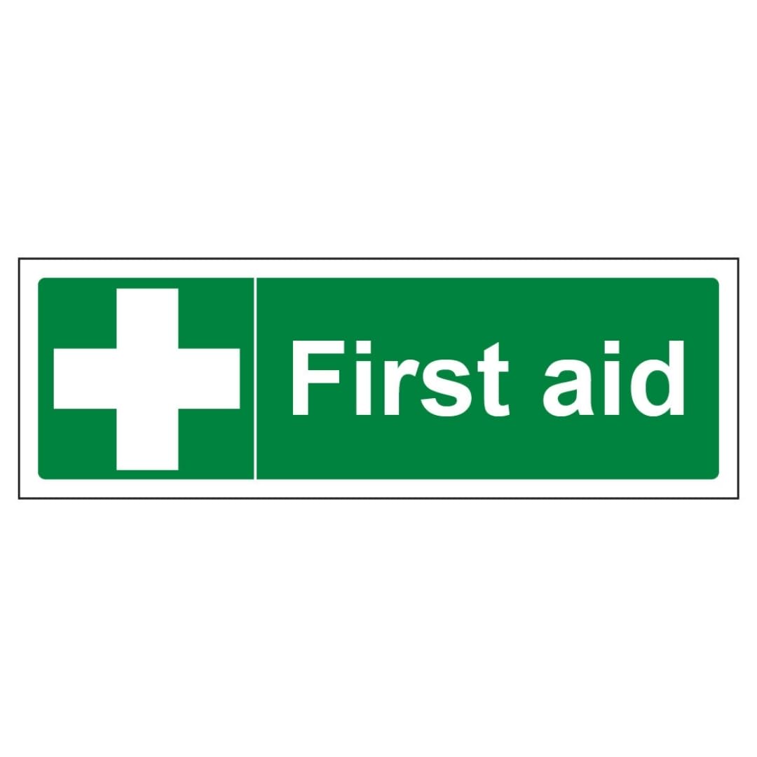 V Safety First Aid - Landscape 450 x 150 mm - 2mm Super-Tough Rigid Plastic Safety Sign