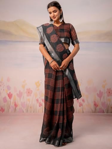 Image of Satrani Women's Linen Printed Ready To Wear Saree with Unstitched Blouse Piece