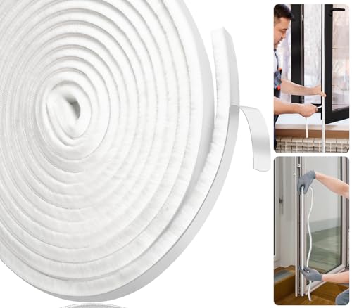 Joaercs Window Draft Excluder, Draught Excluder for Doors, 5Meters(L) x 9mm(W) x 5mm(T) Self-Adhesive Brush Seal Strip, Stop Draught for Doors, Window, Wardrobe, White