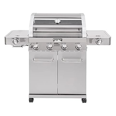 Monument Grills Larger 4-Burner Propane Gas Grills Stainless Steel Cabinet Style with Clearview® Lid, Knob Controls, Built-In Thermometer, Infrared Side Sear Burners & Side Burners Cover