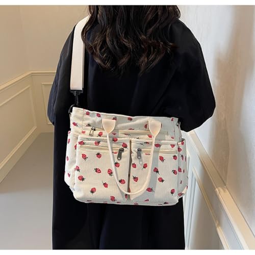 Image of Women Strawberry Bags, Corduroy Everyday Tote Bag Kawaii Shoulder Purse Handbag Crossbody Work Bag