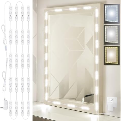 LPHUMEX LED Vanity Lights for Mirror, 12V Hollywood Style Bright Vanity Mirror Lights Stick on with 20pcs*3LEDS Dimmable Light Boards, 3 Color Makeup Lights with Power Adapter, Mirror Not Included Cover