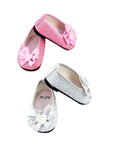 American Fashion World Silver and Pink Bow Flat Shoes for 18 inch Dolls | 2 Pack | Premium Quality & Trendy Design | Dolls Shoes | Shoe Fashion for Dolls for Popular Brands