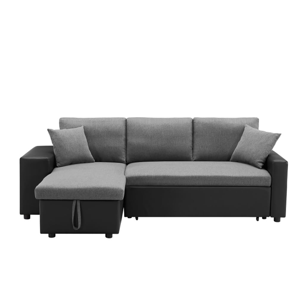 Linen Reversible Sleeper Sectional Sofa with Storage and 2 Stools Steel Gray