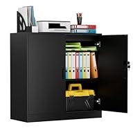 ⭐【Material】The office cupboard is crafted from 15mm thickened eco-friendly wooden board, ensuring a sturdy and durable structure. It can bear a total load of up to 80kg. The surface features a double-sided black fine linen-textured melamine finish, c...