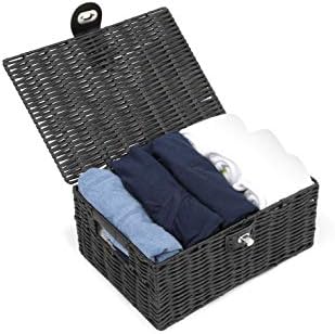 Arpan Small Resin Woven Storage Basket Box with Lid & Lock - Black