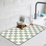 CooRug Checkered Dish Drying Mat for Kitchen Counter, Absorbent Non-Slip Coffee Mat, Heat Resistant Mat for Countertops Coffee Bar Decor 12' x 20' Green