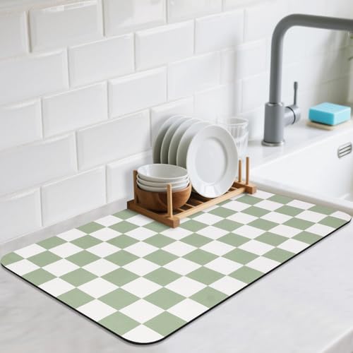 CooRug Checkered Dish Drying Mat for Kitchen Counter, 12" x 20", Green