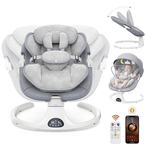Transat Bebe Electrique, Balancelle bebe electrique avec harnais à 5 points, 5 modes du balancement, minuterie à 3 niveaux, télécommande et musique, utilisable en...