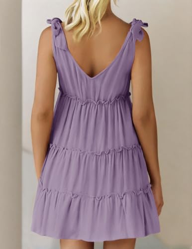 Zesica Womens Summer Casual V Neck Sleeveless Mini Dress 2024 Tie Shoulder Tiered Ruffle Swing A Line Short Sundresses,Purple,Large thumb #3