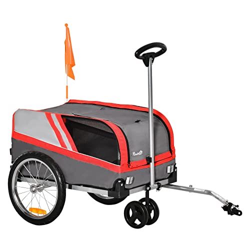 PawHut Remolque de Bicicleta para Perros 2 en 1 Carrito para Mascotas con Enganche Cubierta Enrollable Cinturón de Seguridad Bandera y Reflectores 130x64x97 cm Gris y Rojo