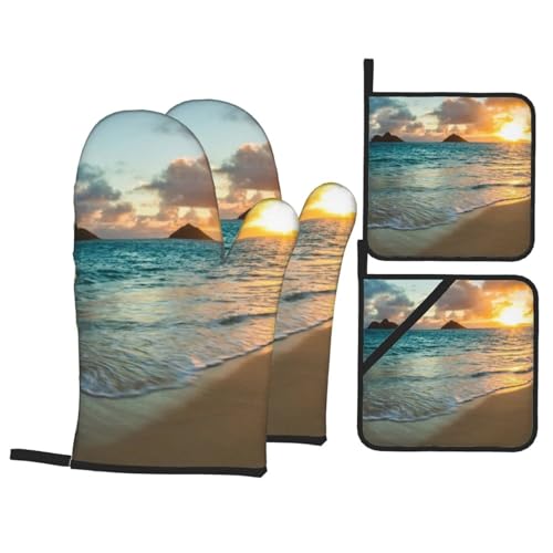 4-Piece Oven Mitts & Handle Covers Set | Scenic Sunrise Over Ocean Rocks Sand Clouds Sunshine Tide Sunbeam Seashore Custom Heat Resistant Baking Gloves with Hanging Loops for Grilling