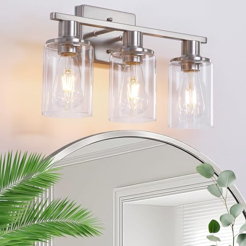 Image of Brushed Nickel Bathroom Light Fixtures Over Mirror,3-Light Bathroom Vanity Light with Clear Glass Shade,Modern Farmhouse Wall Sconces Lighting for Mirror Kitchen Living Room Cabinet