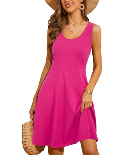 STYLEWORD Sommerkleid Damen Sommer A Linie Knielang Kleid Einfarbig Ärmellos Freizeitkleid(Rosa,L)