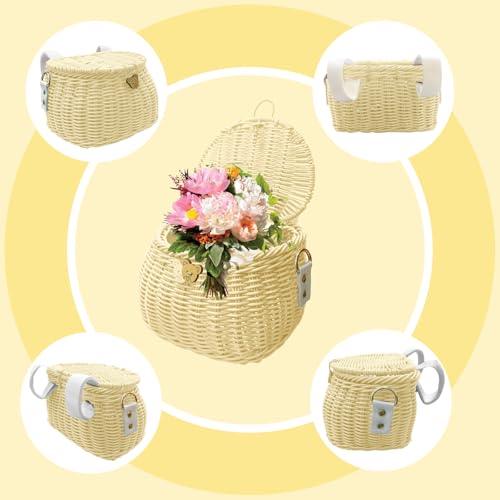 Kids Bike Basket Set, Bike Scooter Tricycle, Childrens Basket Finely Woven Backpack with Lid Shoulder Strap Front Handlebar Rattan for Kids Handlebar (Beige by Alreczio - Image 3