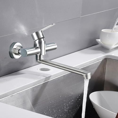 Minnhua Wasserhahn Wandmontage Wasserhahn Küche 360° Drehbare Einhebelmischer Küchenarmatur 304 Edelstahl Wandarmatur Küchenarmaturen mit Schwenkarm 25cm Kalt und Heiß Spültischarmatur Küche Silber