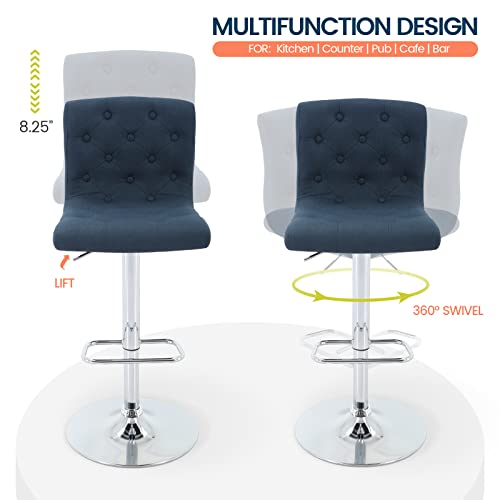 Brage Living Tufted Fabric Bar Stool, Adjustable Swivel Counter Height Barstool with Back, Upholstered Armless Airlift Bar Chair for Kitchen Dining Cafe (Blue) - Thumbnail 5